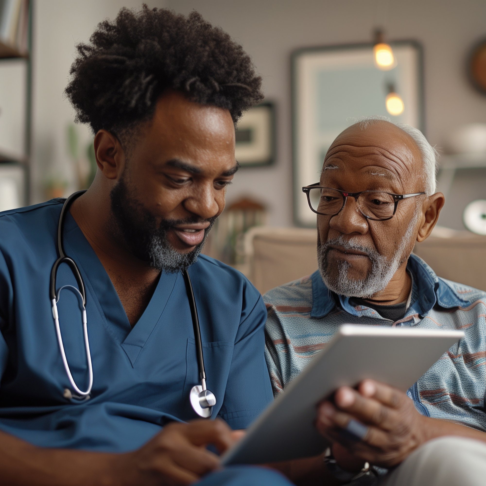 Young black male clinician with older black male patient